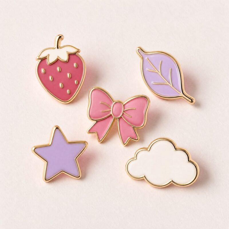 Berry Cluster Pin Set — Five original enamel pins — berries, a leaf, a bow, a star and a small cloud.