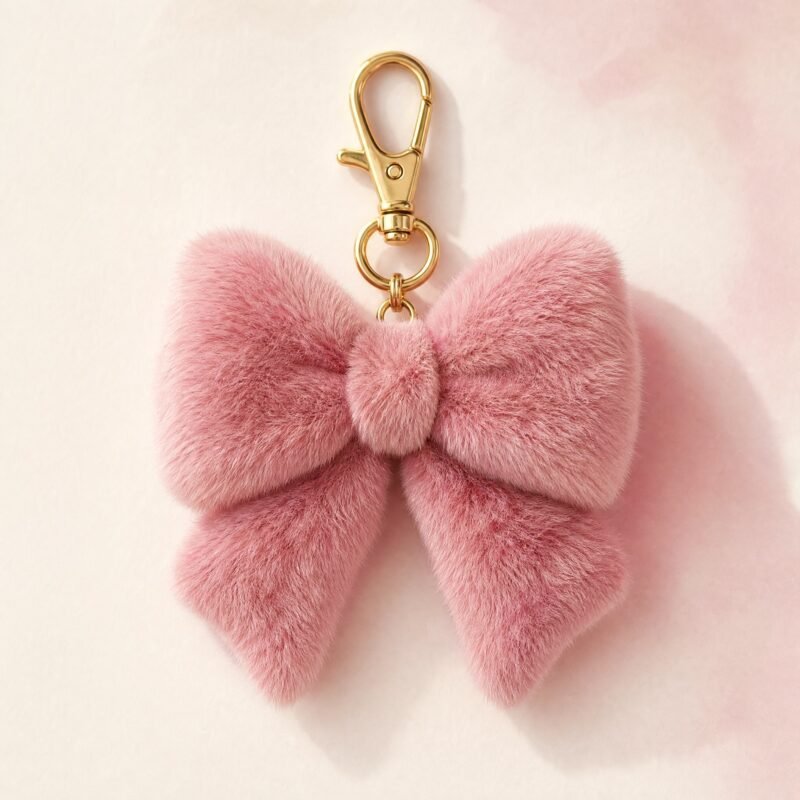 Plush Bow Bag Charm — A soft faux fur (polyester) bow on a gold-tone lobster clip.