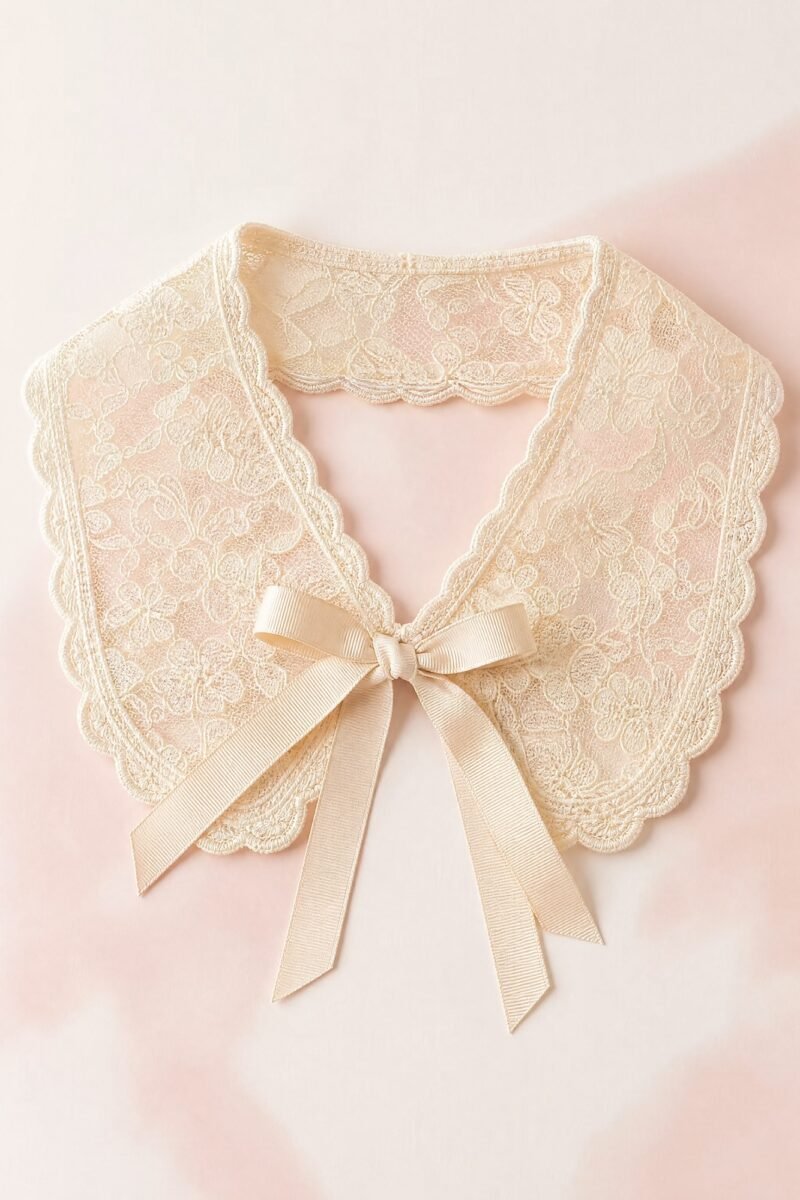 Lace Bib Collar — A detachable bib collar in cream lace with a ribbon tie.