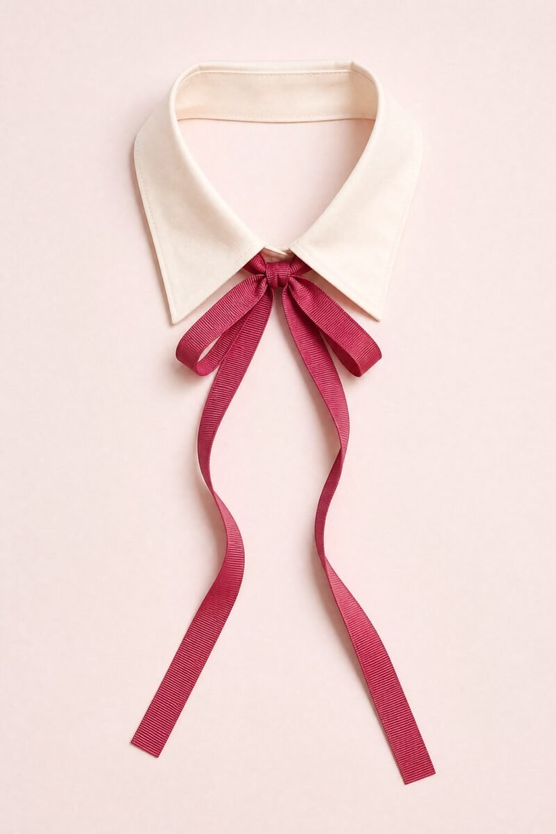Ribbon Tie Collar — A narrow pointed collar with long berry ribbon ties.