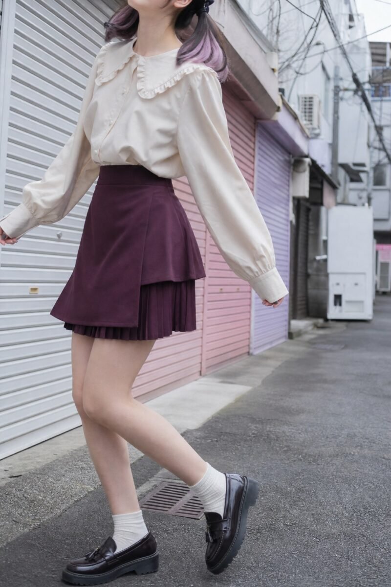 Plum Pleat Layer Mini — A pleated underlayer with a plain overlayer cut shorter on top.