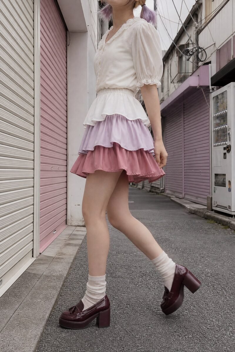 Shutter Stripe Tier Mini — Each tier woven in a different pastel — milk, lilac, berry.