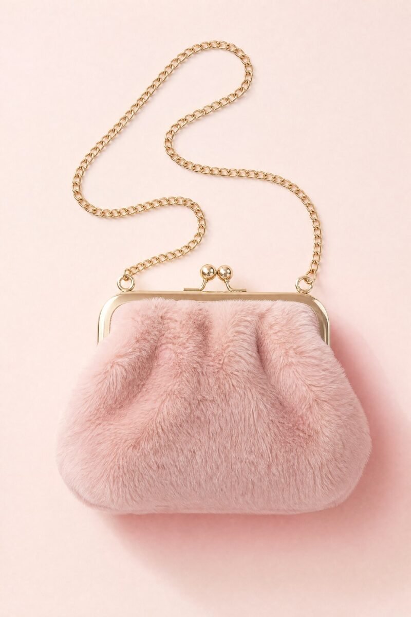 Plush Cloud Mini Bag — A rounded faux fur (polyester) mini bag on a gold-tone chain.