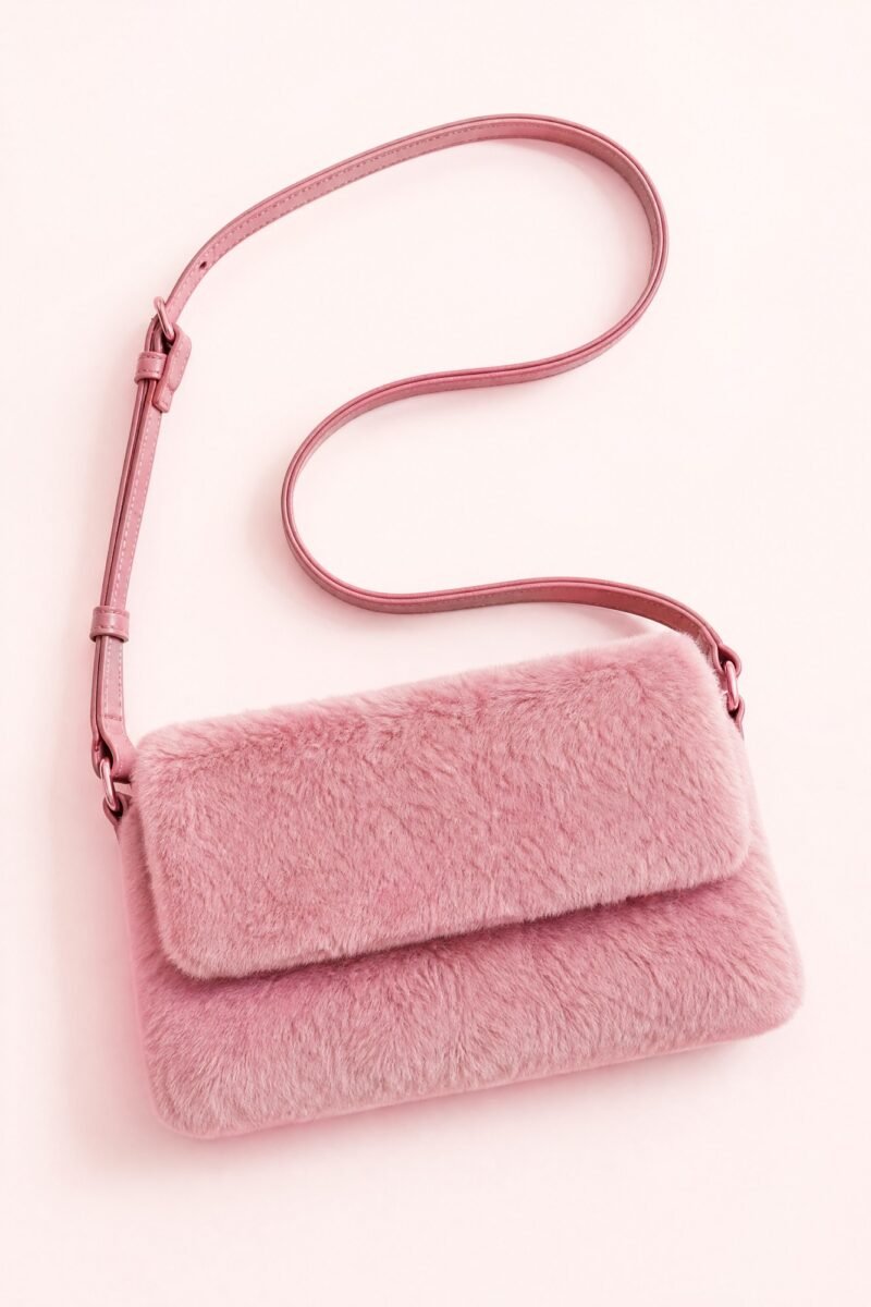 Berry Puff Shoulder Bag — A soft rectangular shoulder bag in berry faux fur (polyester).