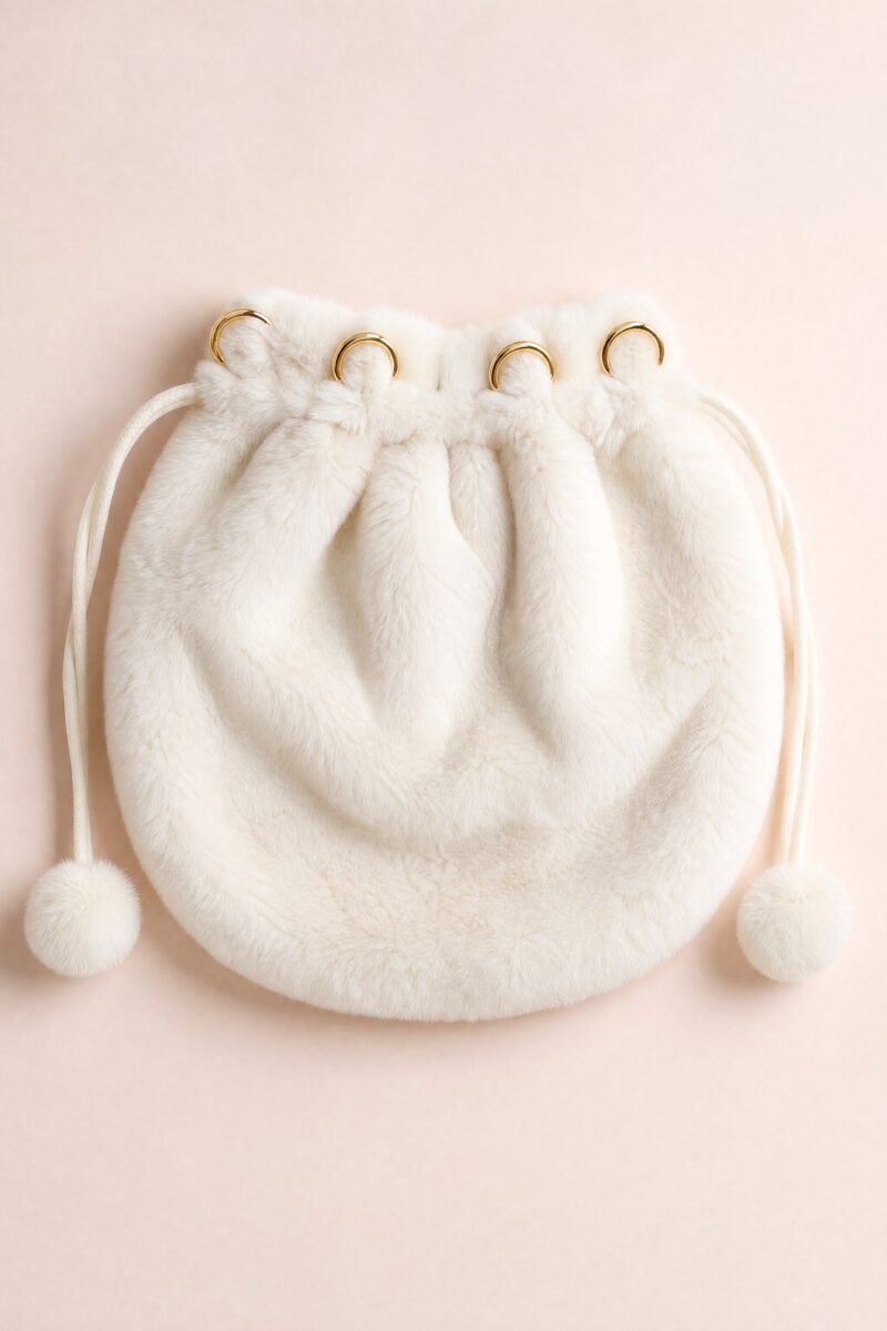 Milk Fur Charm Pouch — A drawstring pouch with four gold-tone rings for hanging charms.