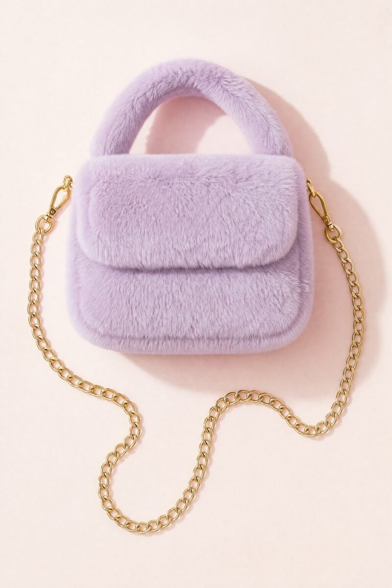 Lilac Plush Crossbody — Lilac faux fur (polyester) with a gold-tone chain and a top handle.