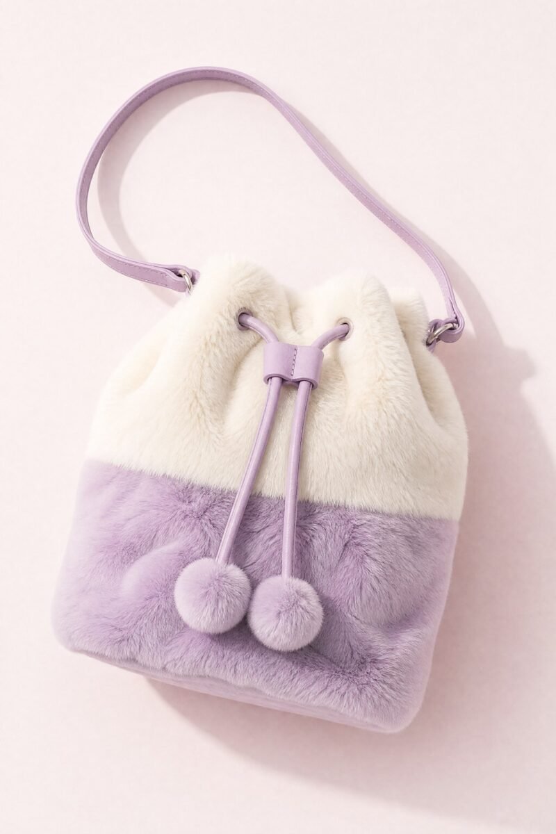 Double Puff Bucket Bag — A two-tone bucket in milk white and lilac faux fur (polyester).