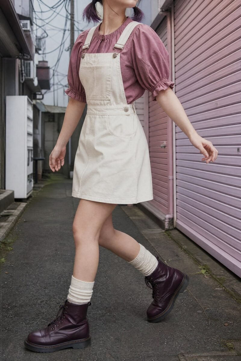 Twill Strap Mini Pinafore — A cleaner cut in cream cotton twill — narrow bib, crossed back straps.