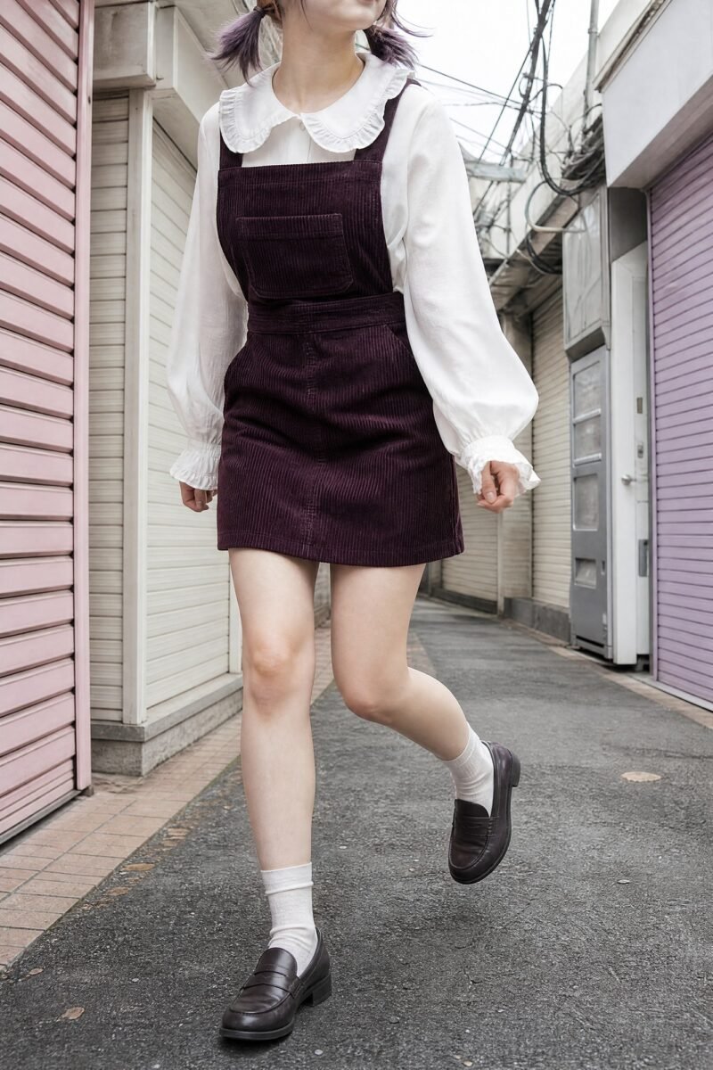 Plum Cord Overall Skirt — Deep plum corduroy, wide bib, front patch pocket big enough for a phone.