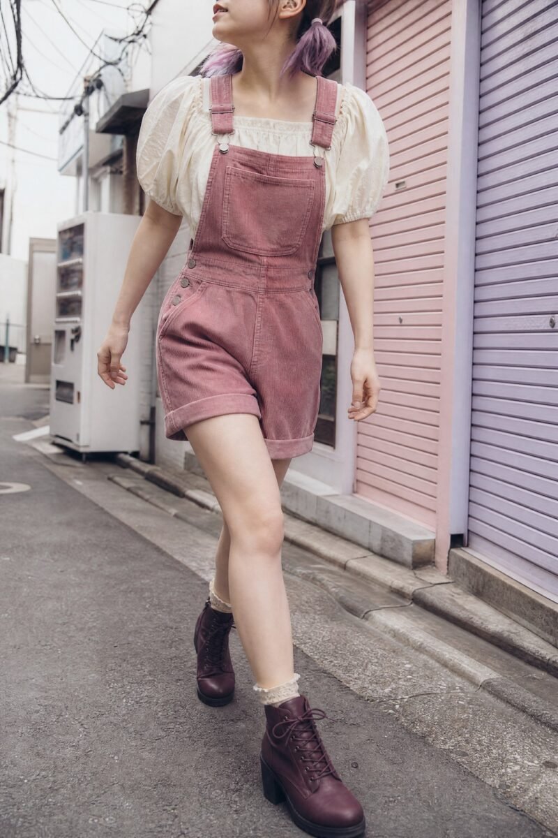 Berry Cord Dungaree Shorts — Short dungarees in soft berry corduroy, cuffed leg, adjustable straps.