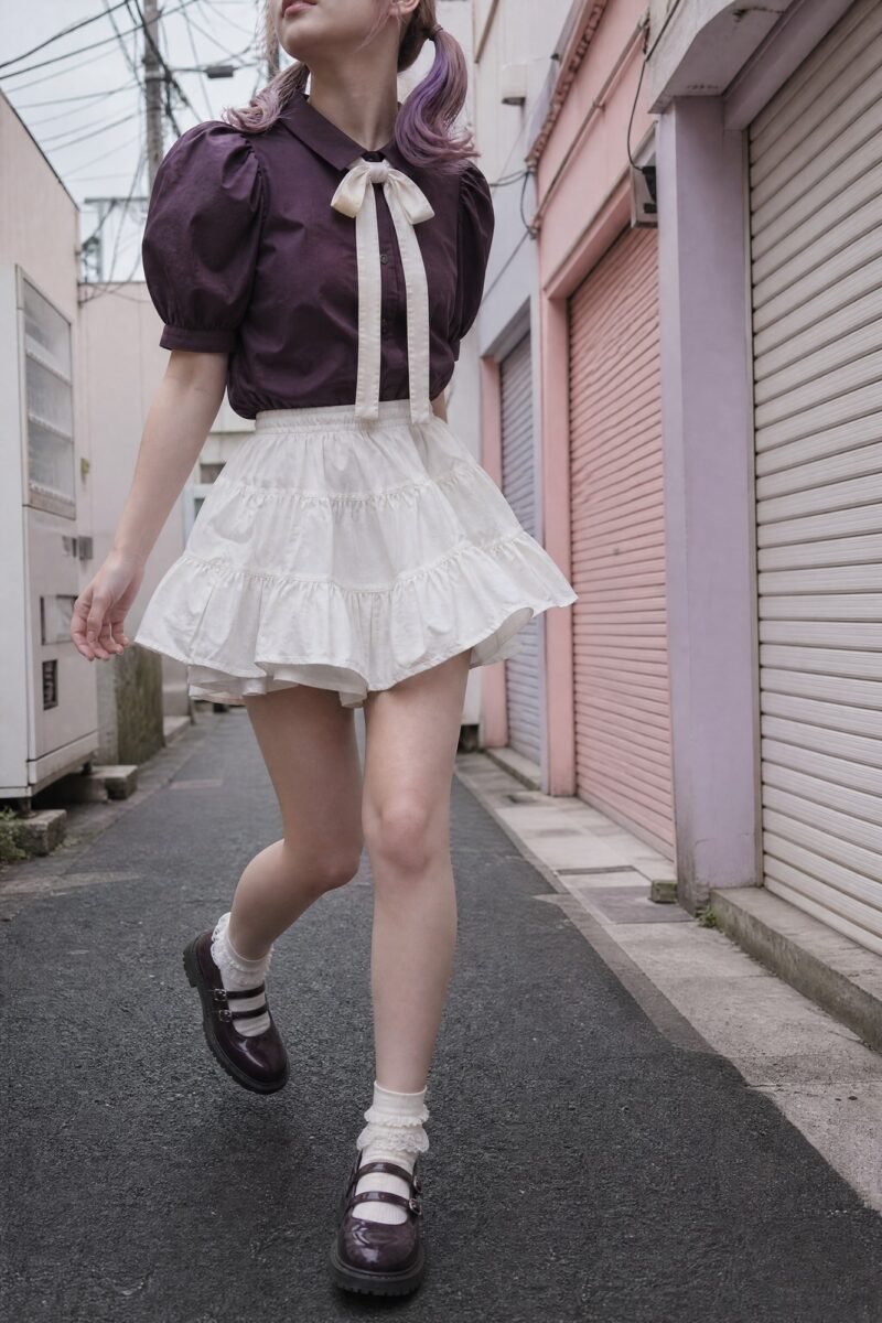Plum Ribbon Puff Blouse — Deep plum poplin with a removable cream ribbon at the collar.