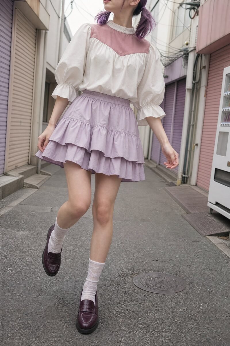 Sugar Panel Puff Blouse — Cream poplin with a berry-pink yoke panel across the chest.